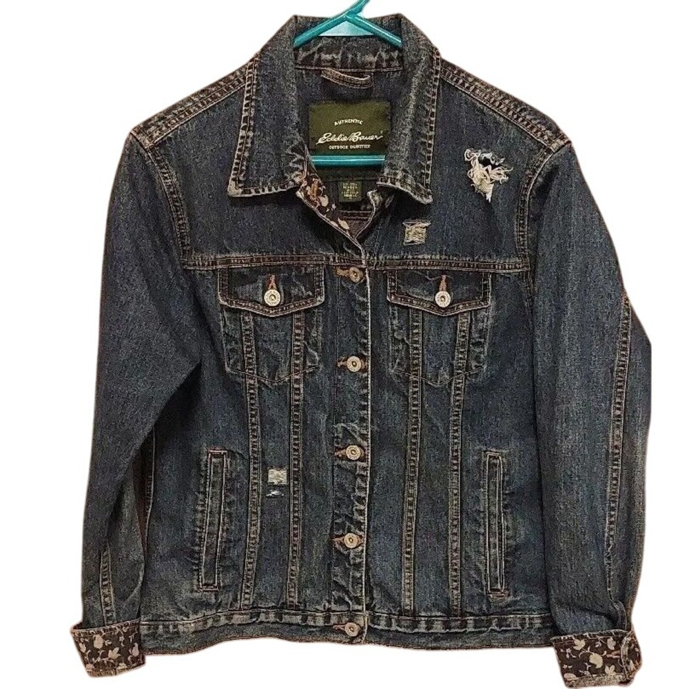 Eddie Bauer Denim Jacket Womens Medium Blue Jean Trucker Floral Accents‎ #44C
